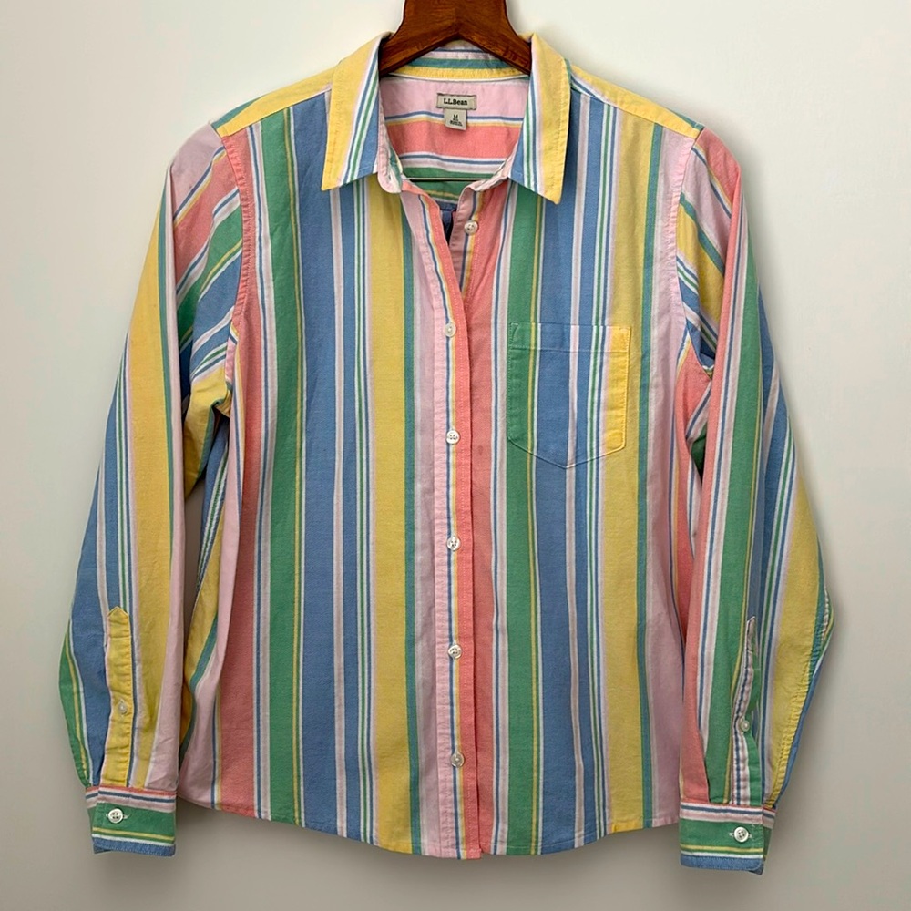 L.L. Bean Lakewashed Organic Cotton Long Sleeved Striped Oxford Shirt